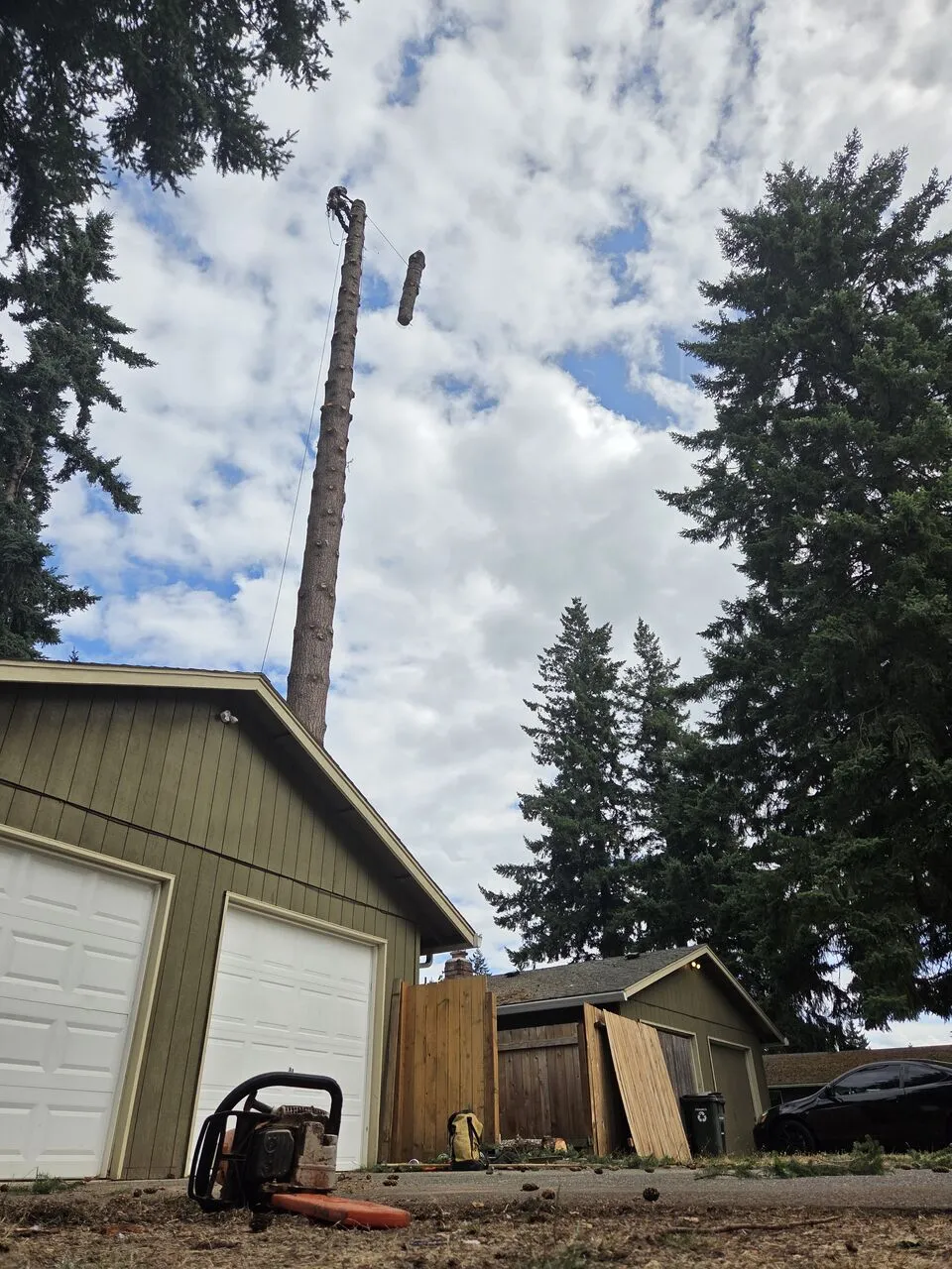 Climber lowering a log from a tall spar pole during a Battle Ground, WA tree removal