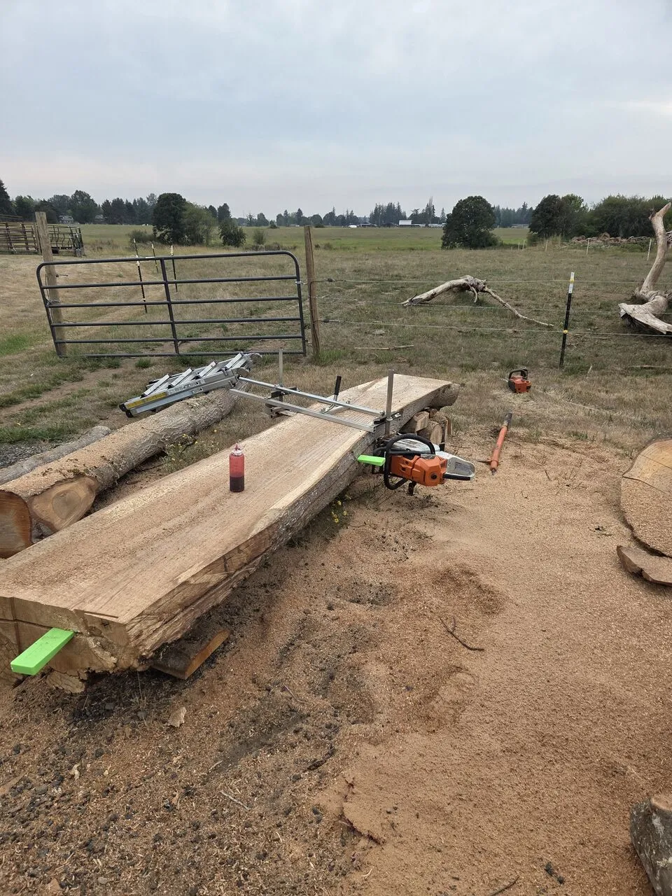 Portable sawmill milling a hardwood log into slabs on a rural Ridgefield, WA property